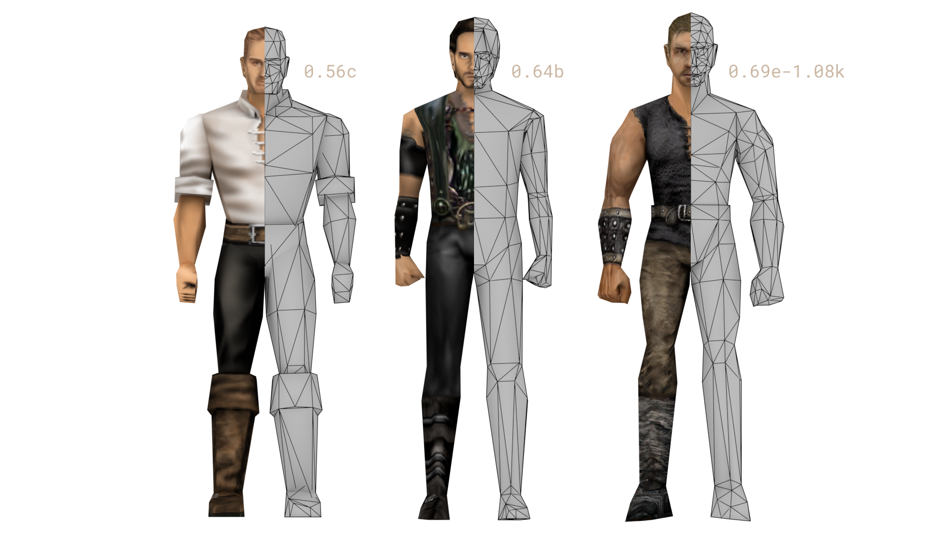 three different body models half textured, half untextured
